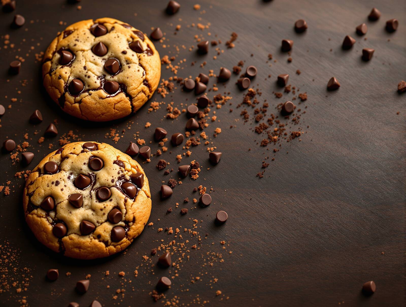 Fresh-baked chocolate chip cookies on dark wood, warm golden light